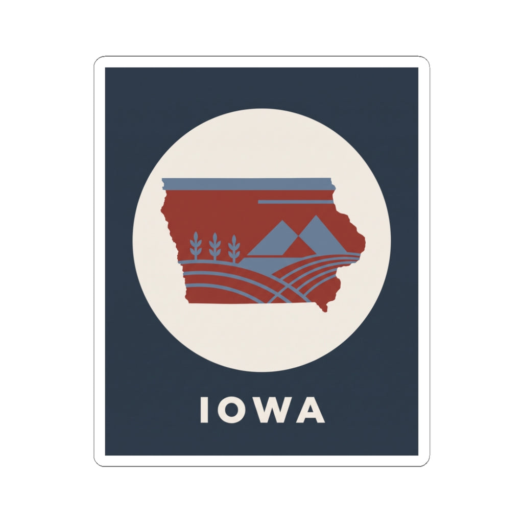 Square kiss-cut sticker with red Iowa state map graphic and blue banner, text "IOWA"