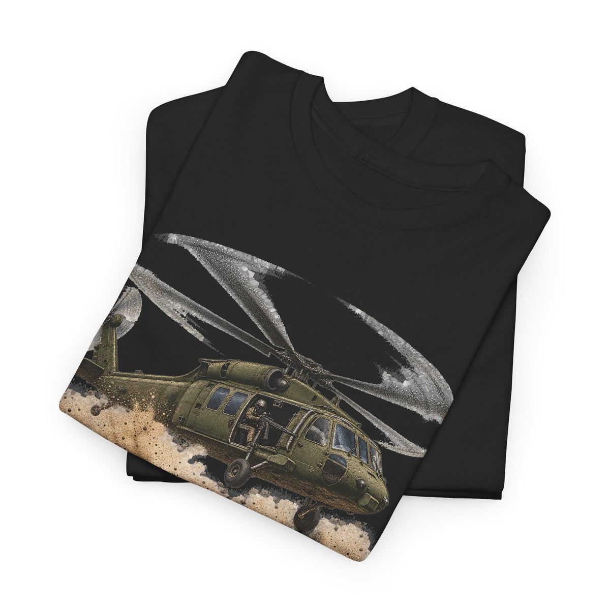 Black t-shirt with helicopter graphic print on the front