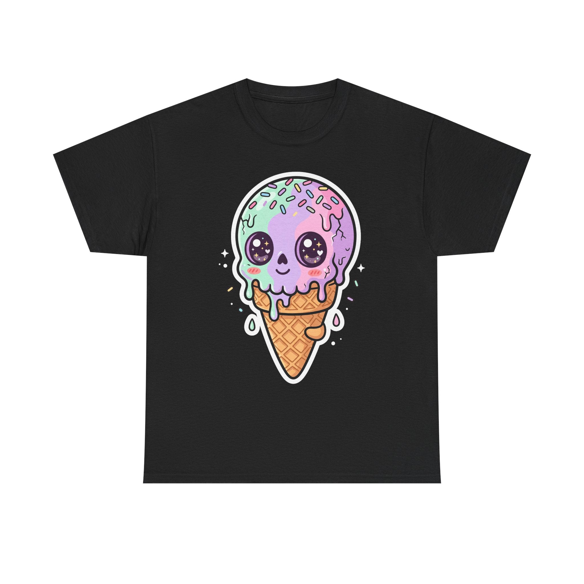 Kawaii melting ice cream cone T-shirt, purple cartoon ice cream graphic on black
