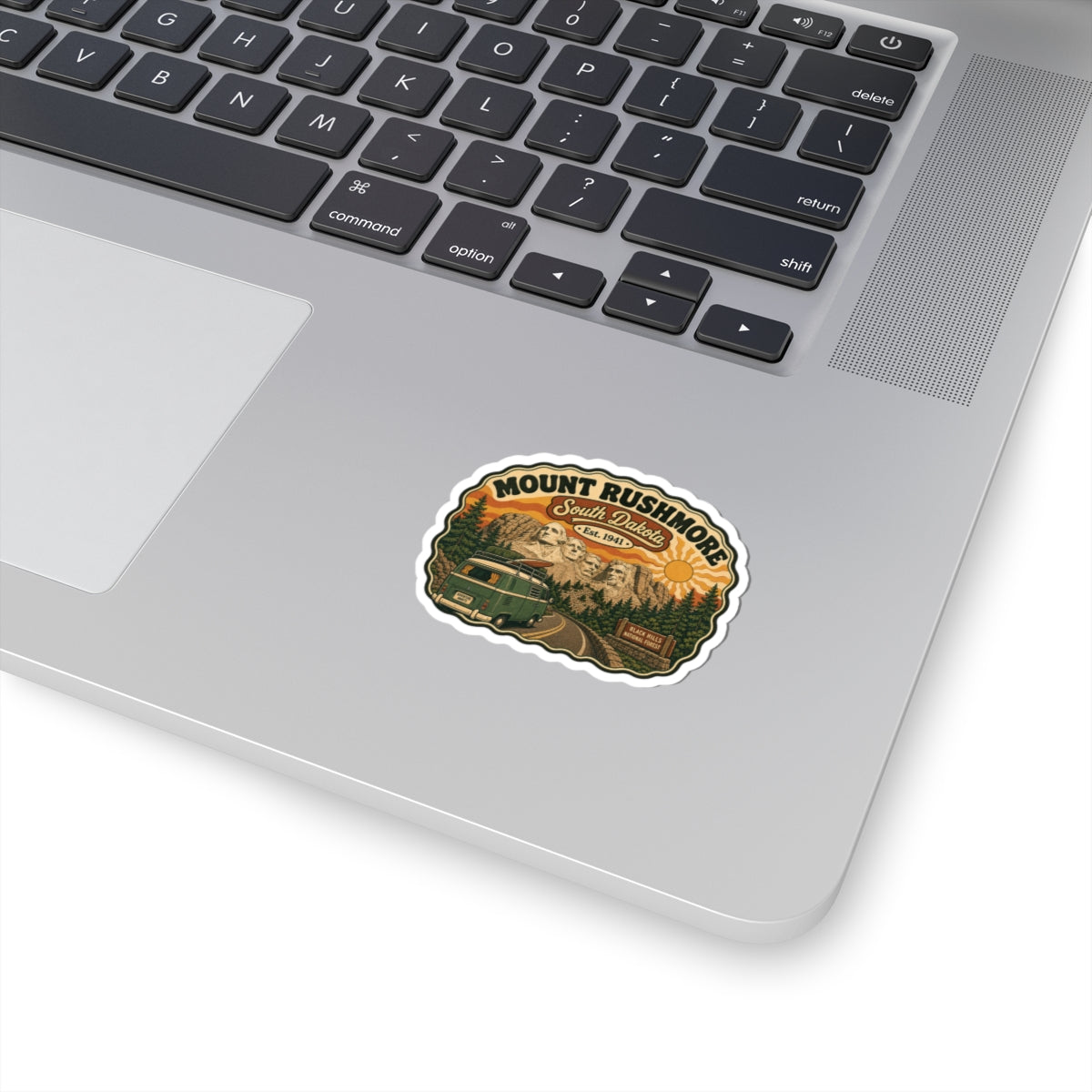 Die-cut Mount Rushmore National Memorial sticker with scenic illustration and text