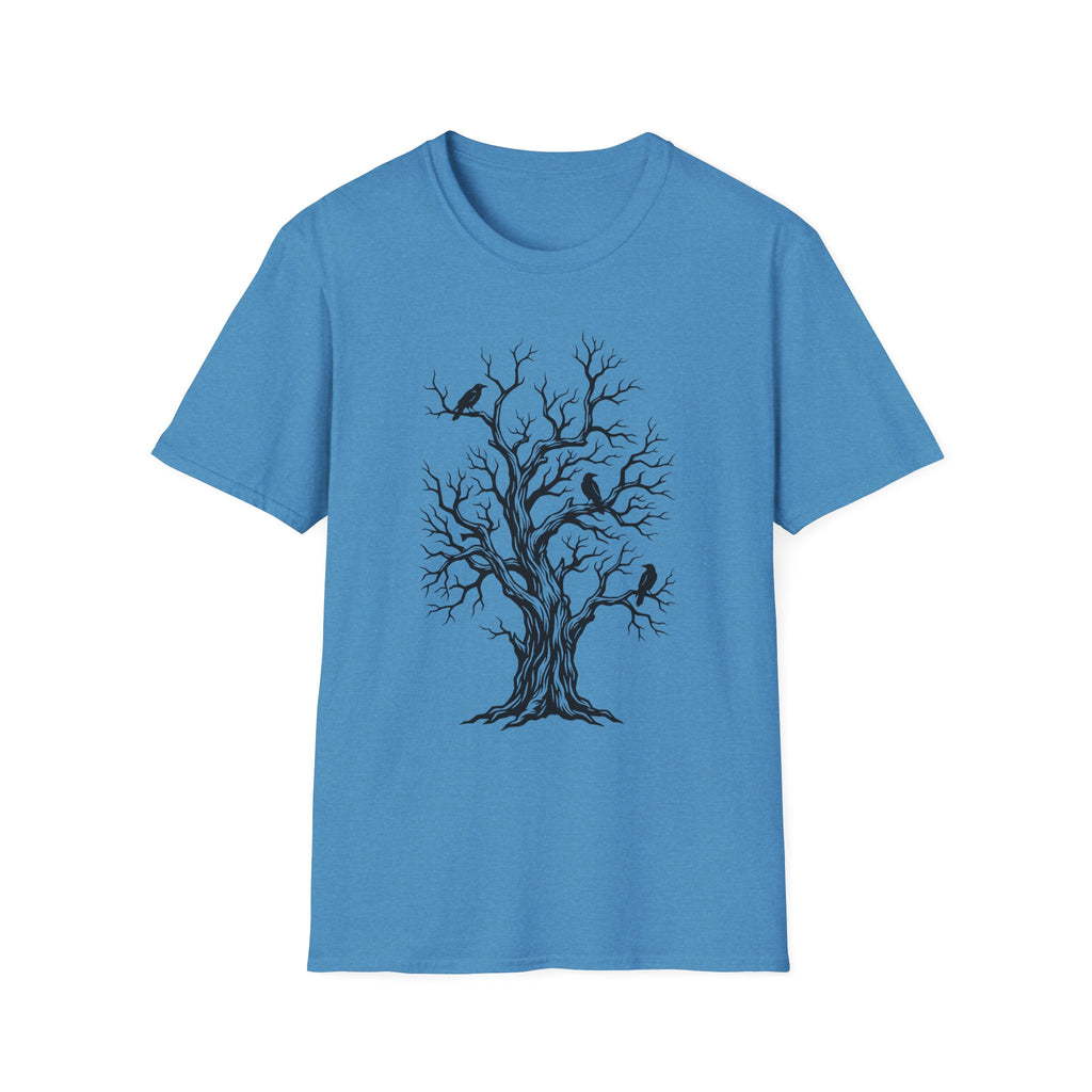 Blue T-shirt with bare tree and black crow graphic print