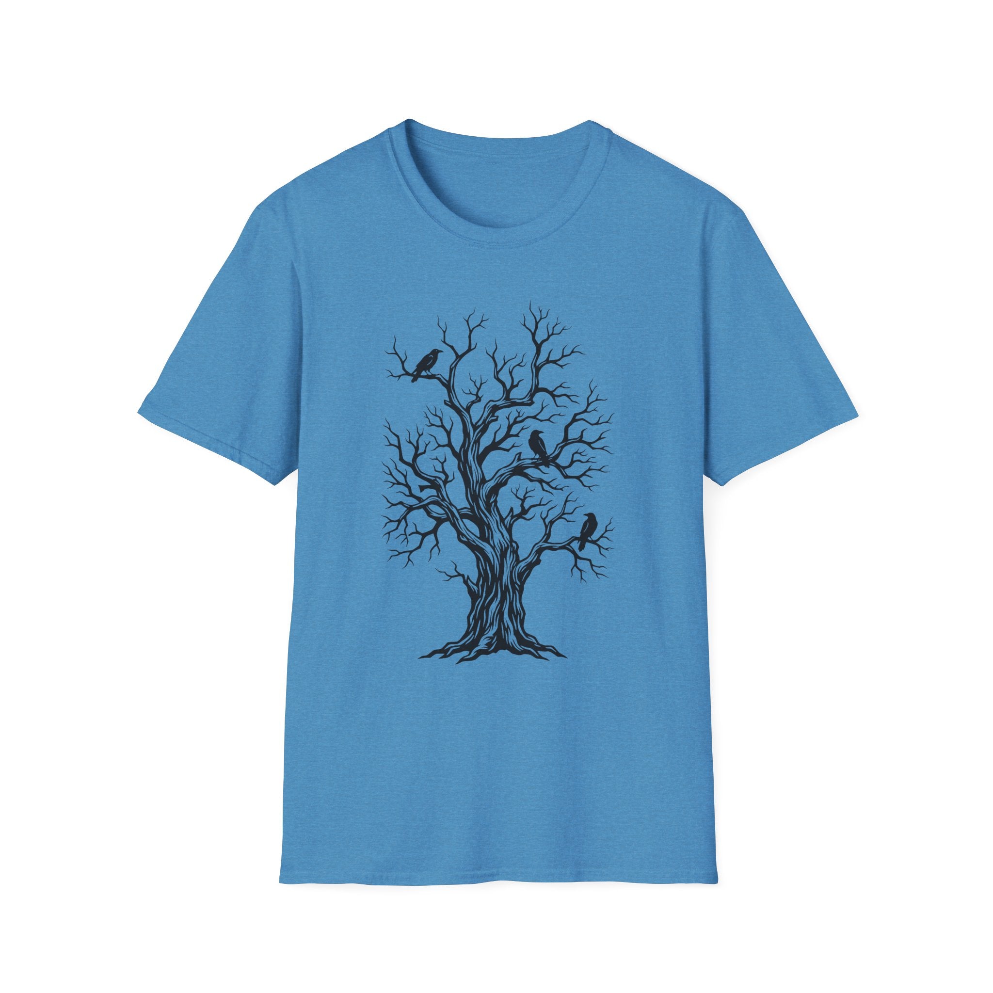 Blue T-shirt with bare tree and black crow graphic print