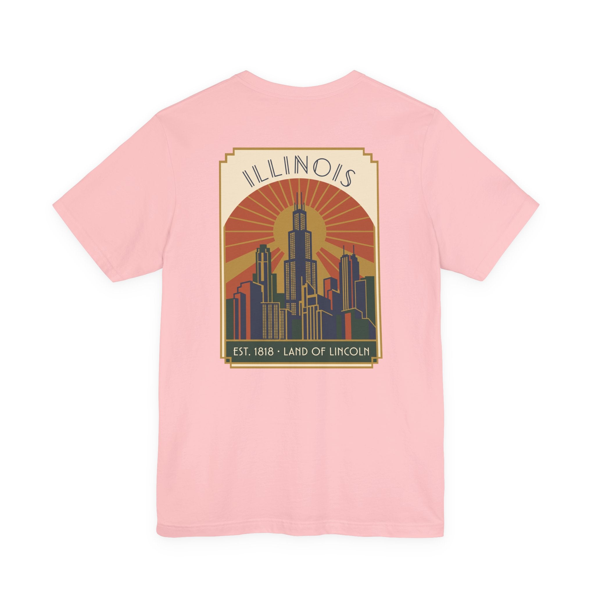 Pink T-shirt with square Illinois skyline graphic print, Est. 1818 text