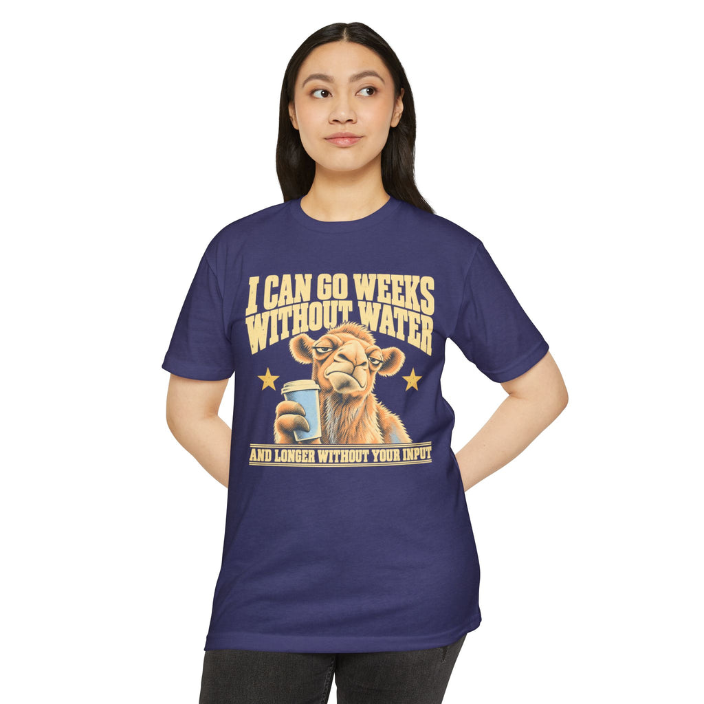 Purple crewneck T-shirt with camel coffee graphic and slogan on front