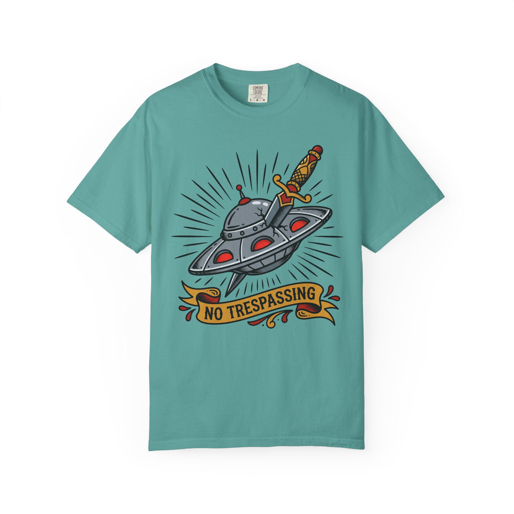 Seafoam teal tee with UFO dagger graphic and 'No Trespassing'