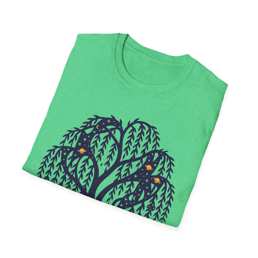 Night Owls T-shirt with purple willow and owl graphic on bright green