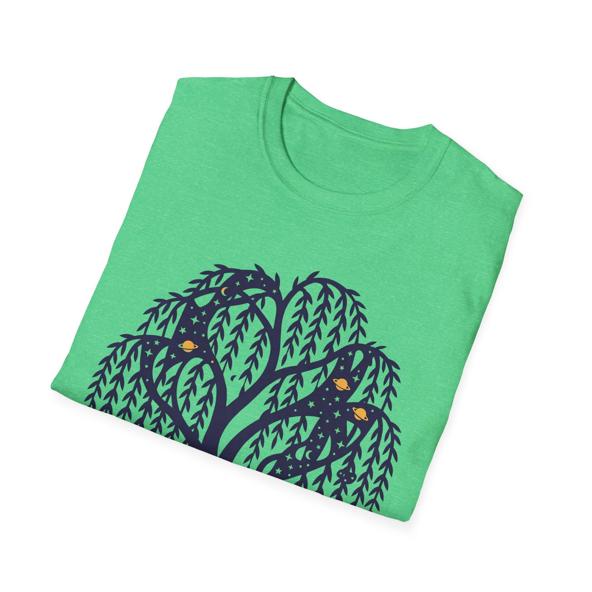 Night Owls T-shirt with purple willow and owl graphic on bright green