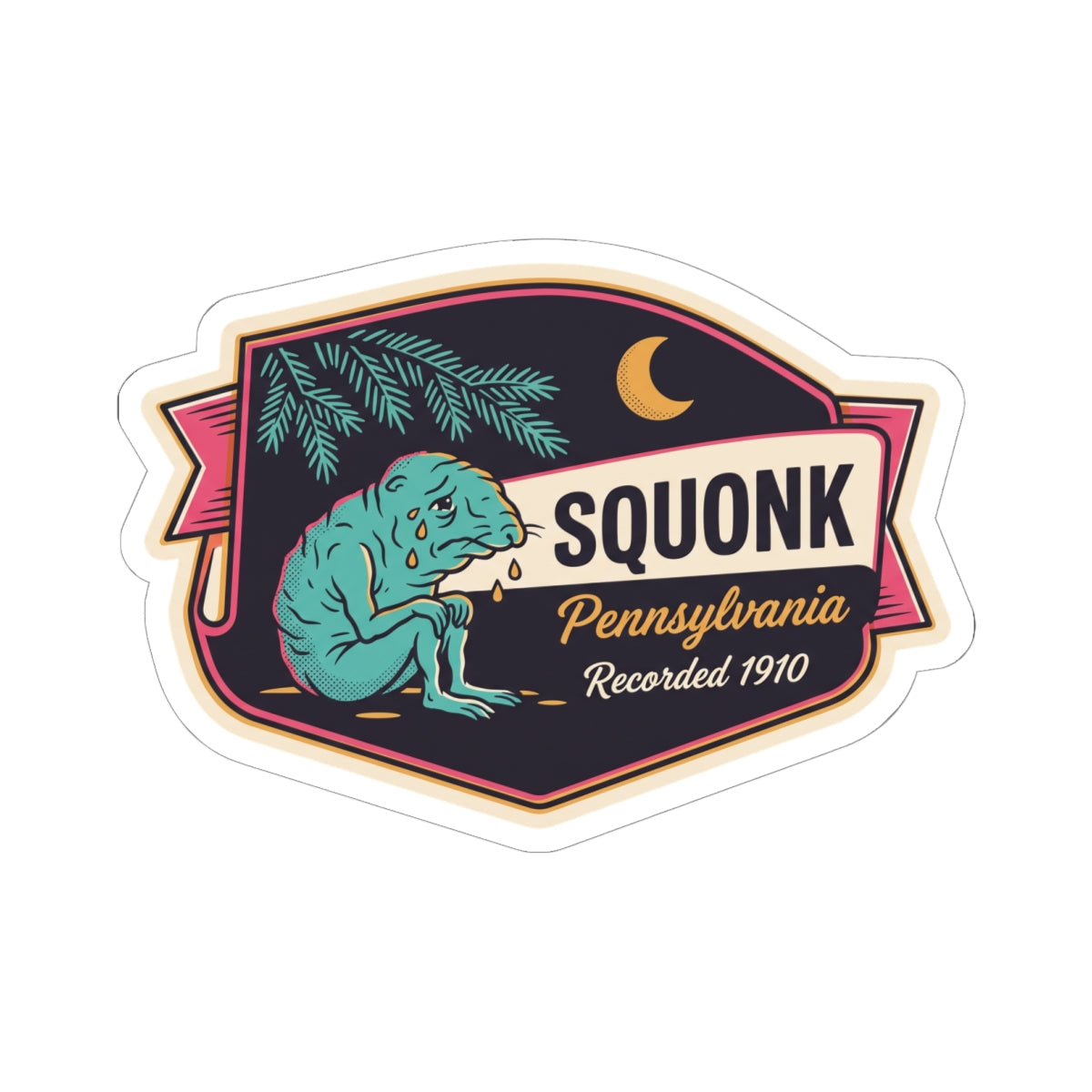 Kiss-cut Squonk Pennsylvania badge sticker showing teal cryptid holding drops