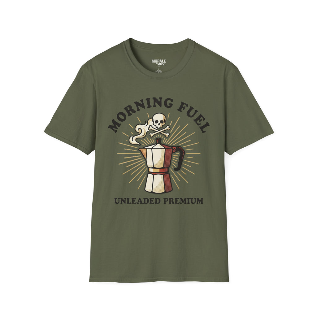 Morning Fuel T-shirt—military green with skull moka pot graphic and “UNLEADED PREMIUM”