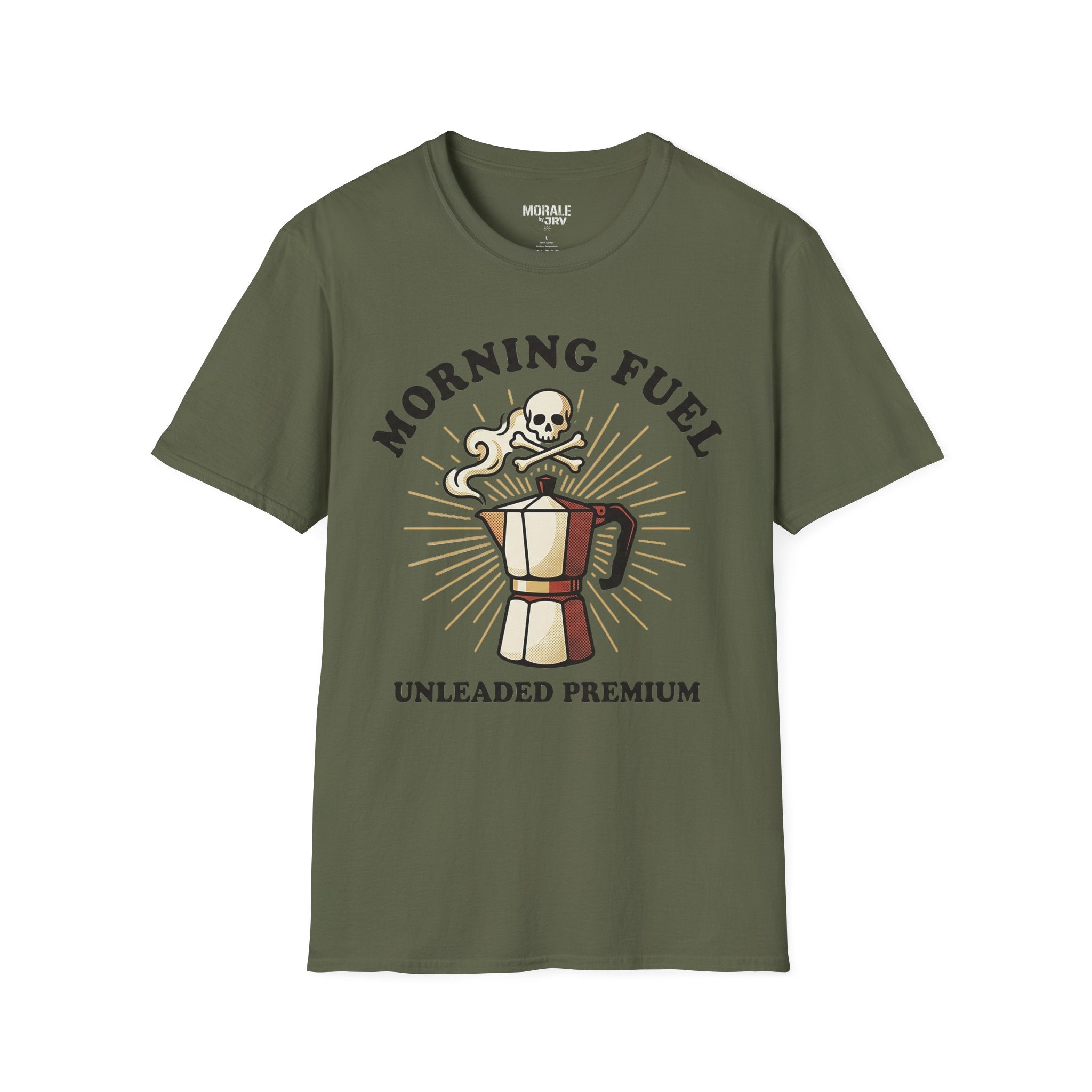 Morning Fuel T-shirt—military green with skull moka pot graphic and “UNLEADED PREMIUM”