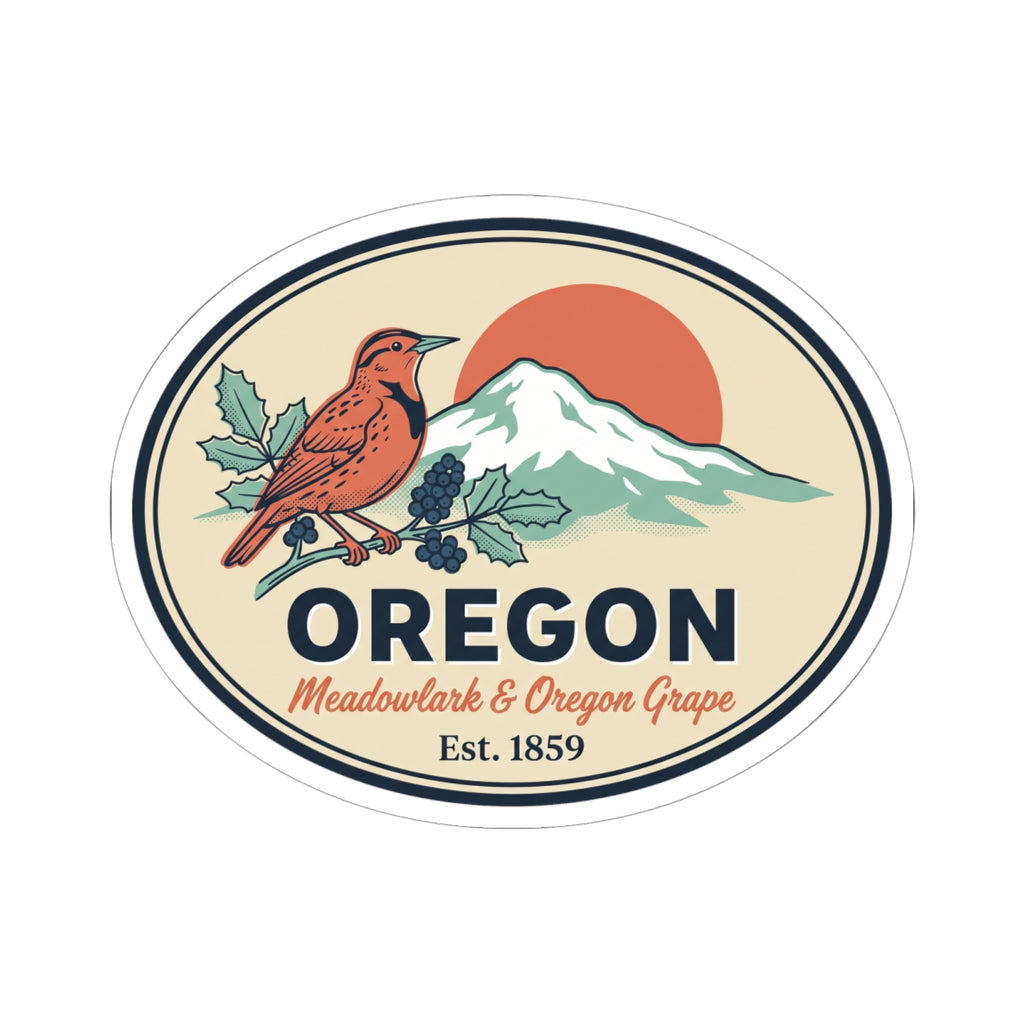 Round-edged oval Oregon sticker featuring meadowlark, snow-capped mountains, and grapes.