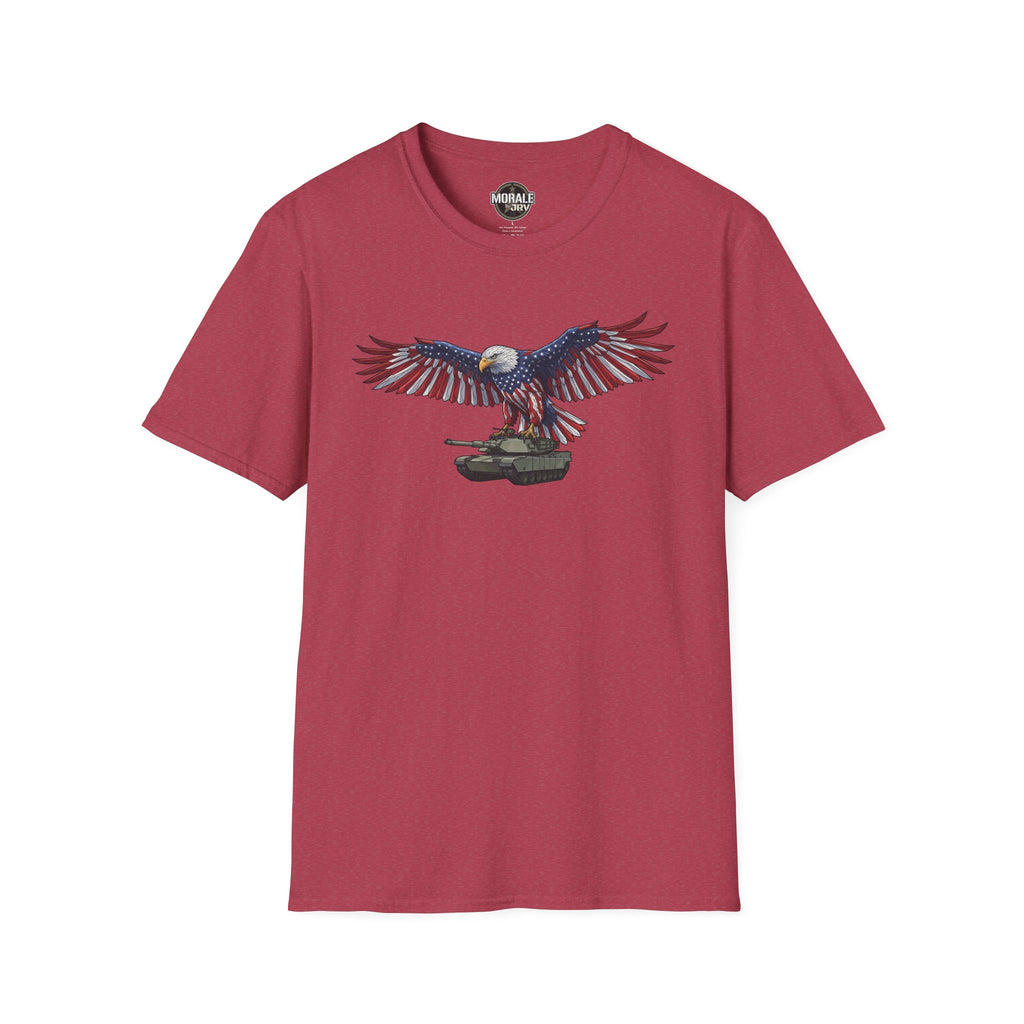 Burgundy T-shirt with bald eagle and American flag wings over M1 Abrams tank artwork
