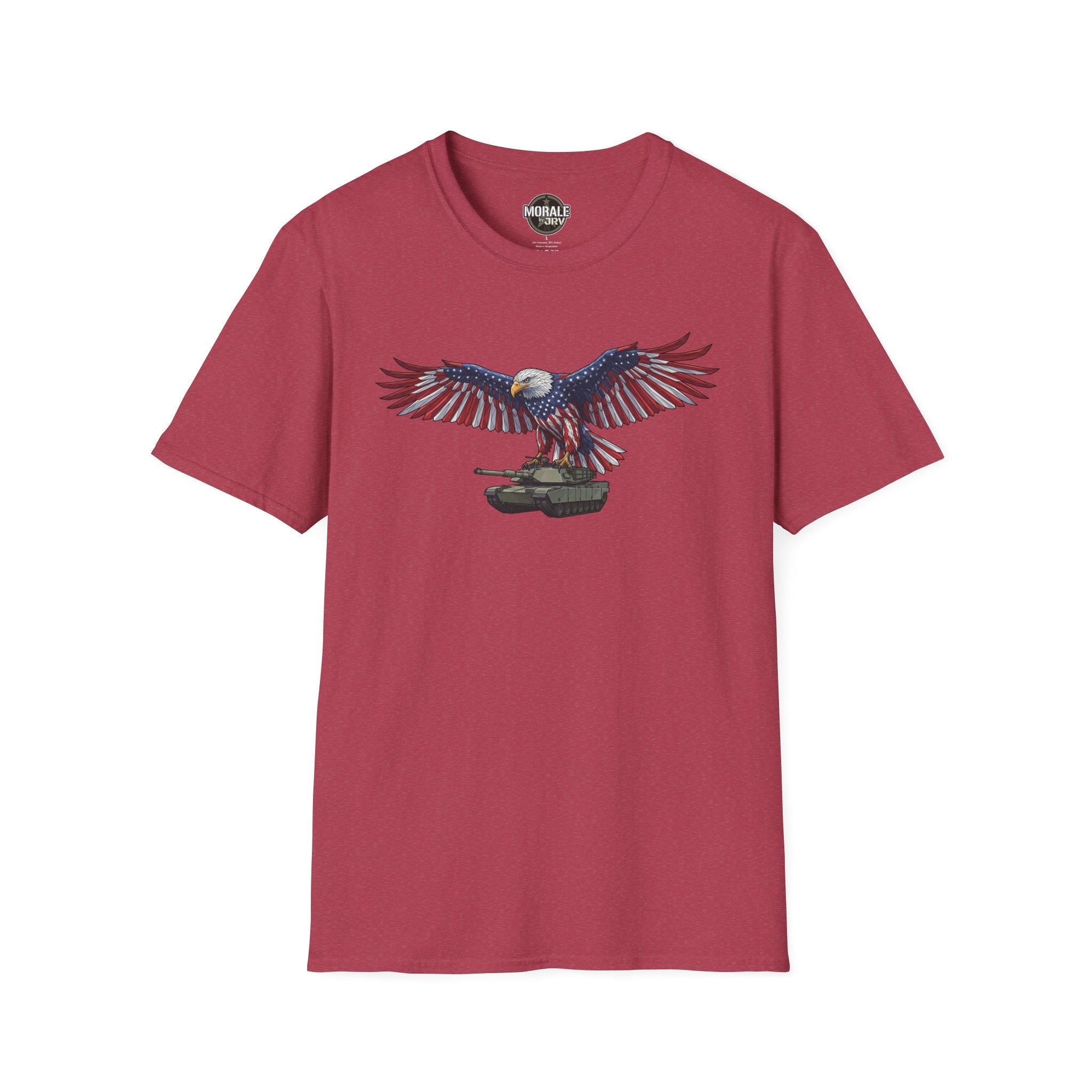 Burgundy T-shirt with bald eagle and American flag wings over M1 Abrams tank artwork