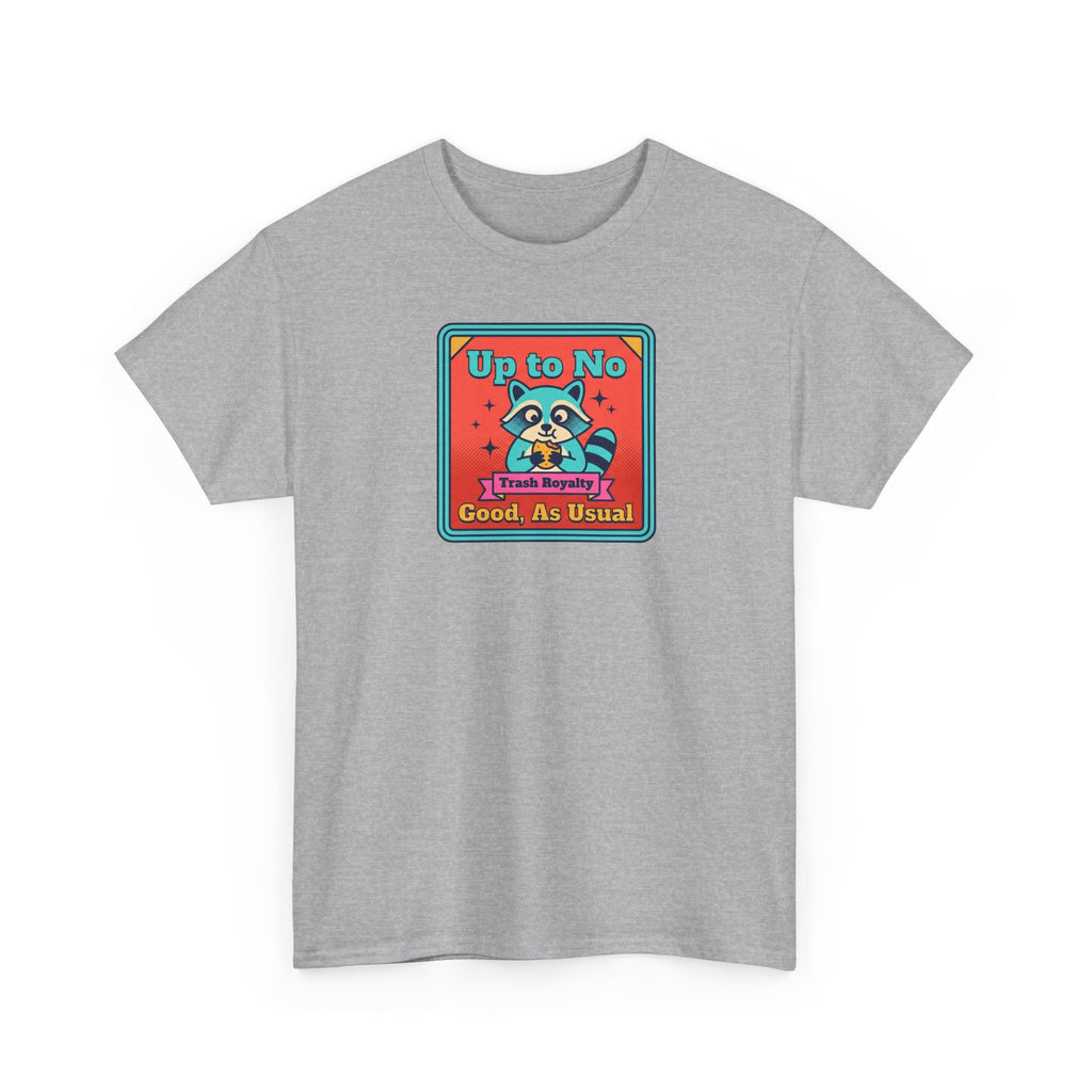 Sport grey T-shirt with colorful raccoon graphic and text in a square badge