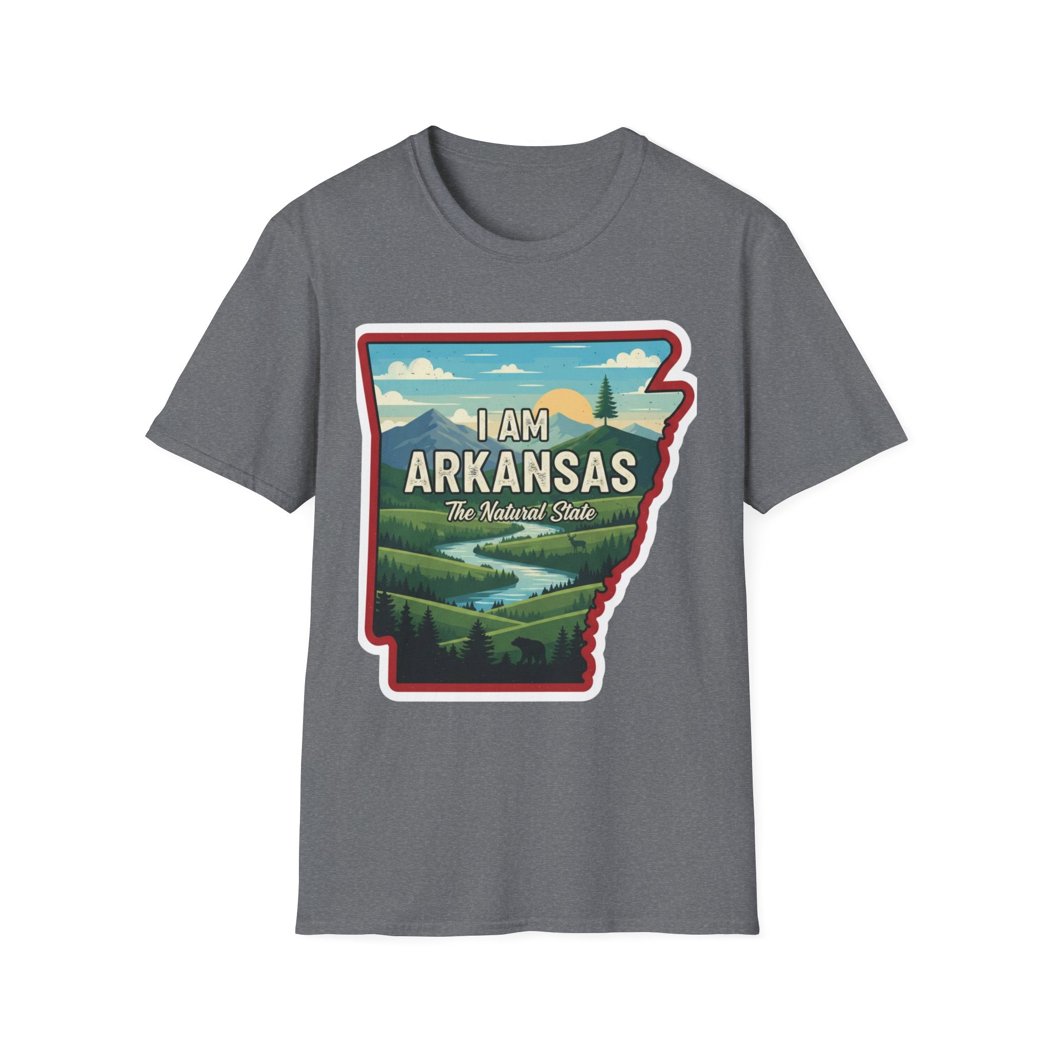 I AM Arkansas T-shirt in medium heather grey with state-shaped landscape print