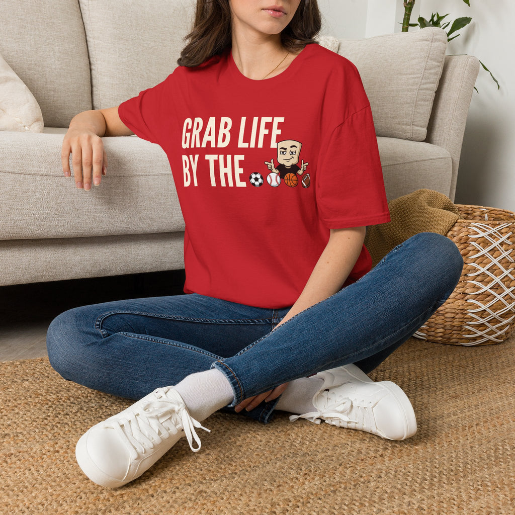 Red crew-neck T-shirt with white sports graphic and text on front