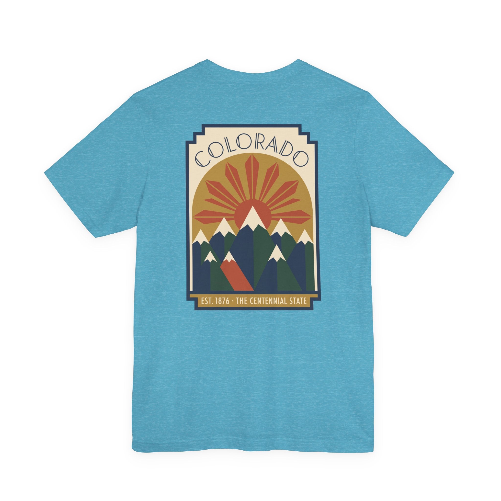 Aqua T-shirt with Colorado sunset mountain graphic front print