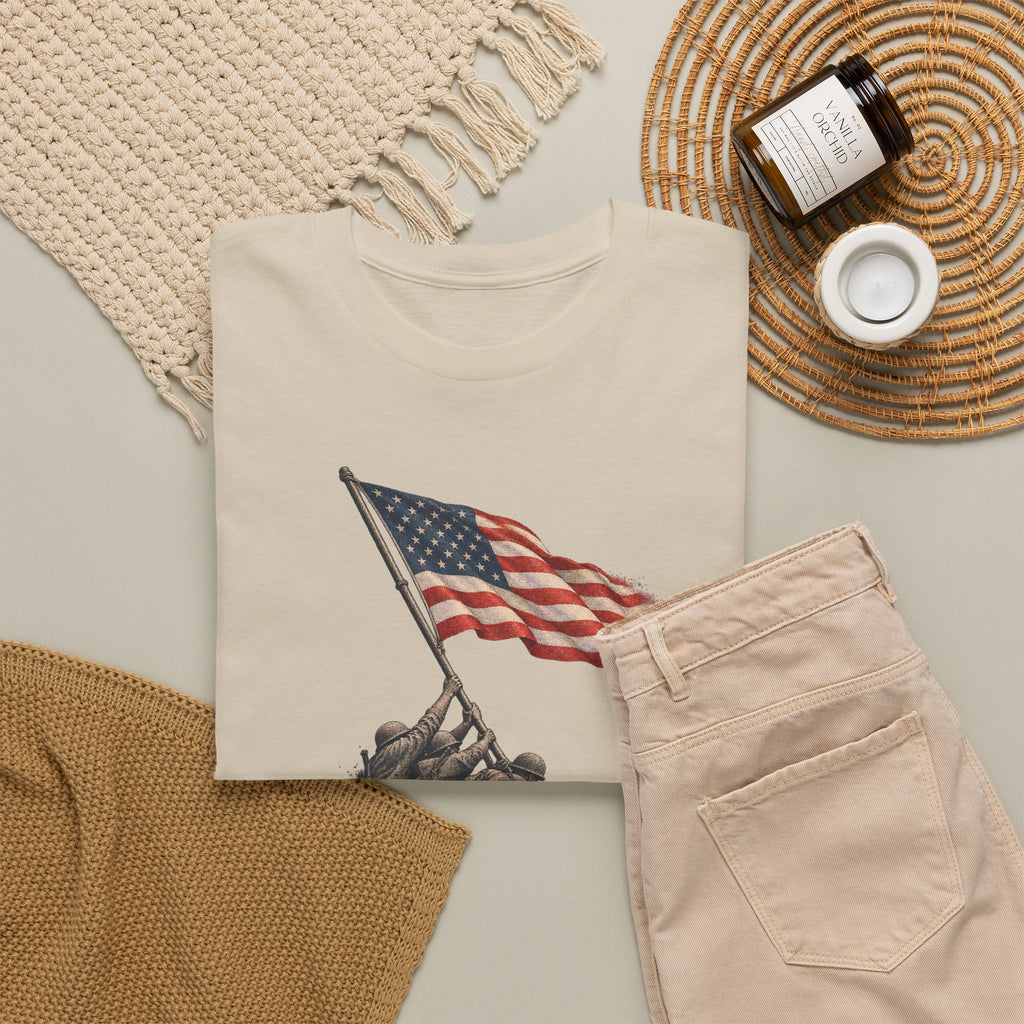 Beige graphic crewneck T-shirt with flag-raising soldier and American flag design