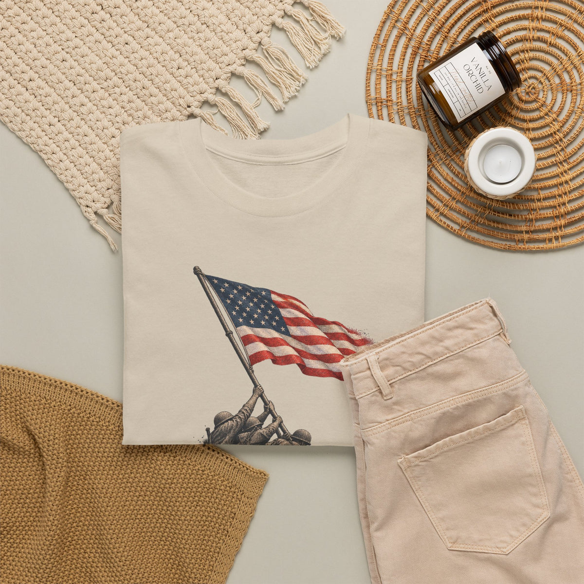 Beige graphic crewneck T-shirt with flag-raising soldier and American flag design
