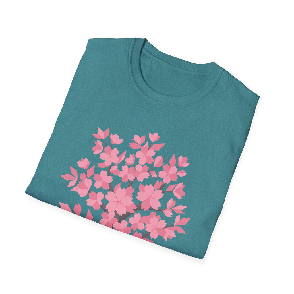 Teal crewneck T-shirt with large pink cherry blossom tree floral print