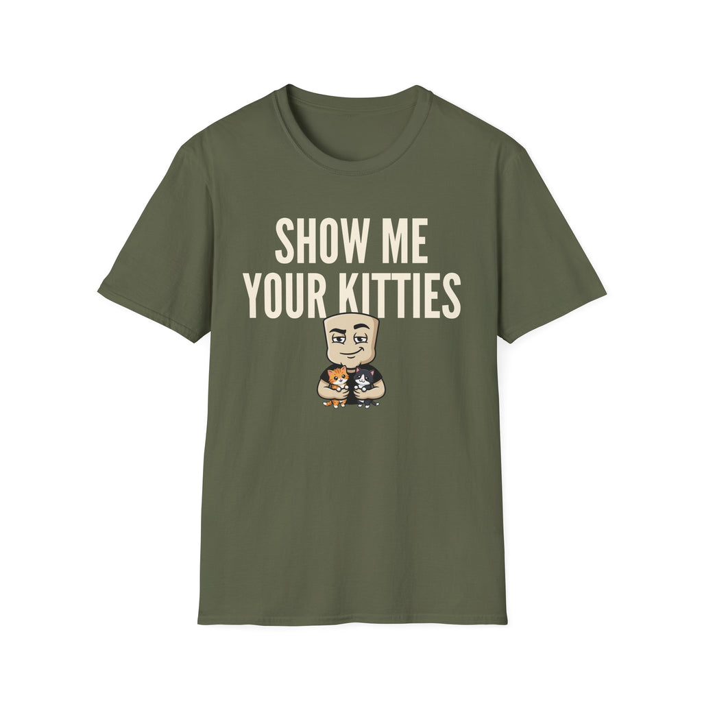Olive T-shirt: 'SHOW ME YOUR KITTIES' cat graphic