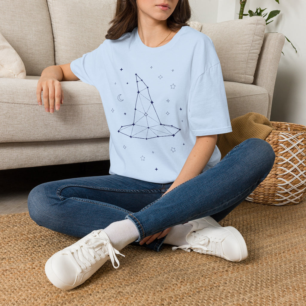 Light blue T-shirt with constellation witch star print, crew neck