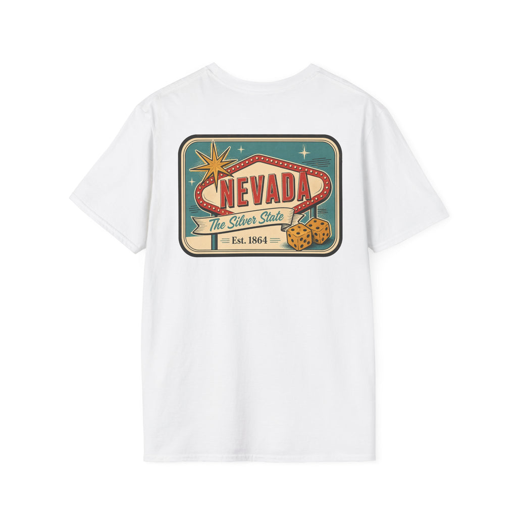 White crewneck graphic t-shirt with Nevada banner logo on back