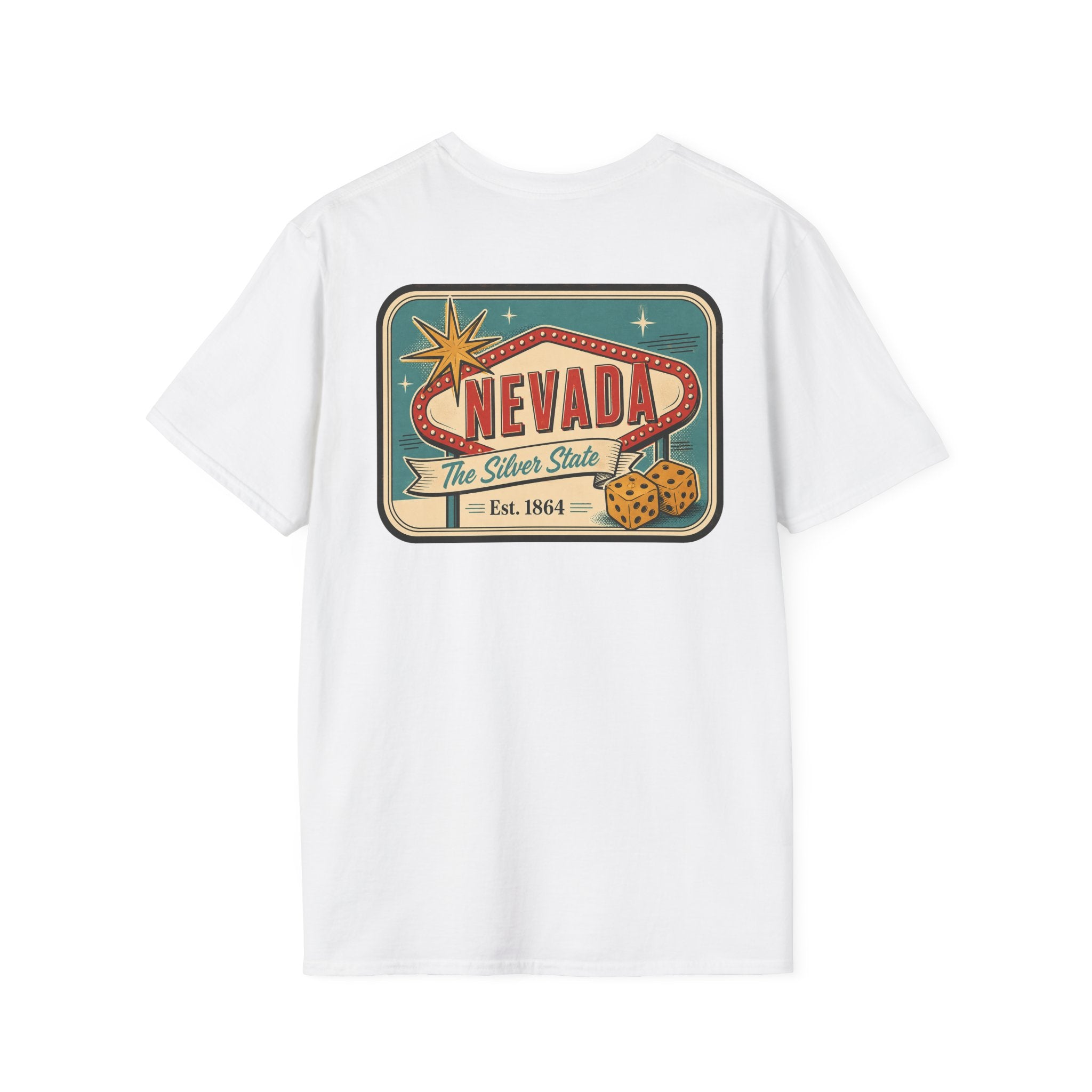 White crewneck graphic t-shirt with Nevada banner logo on back