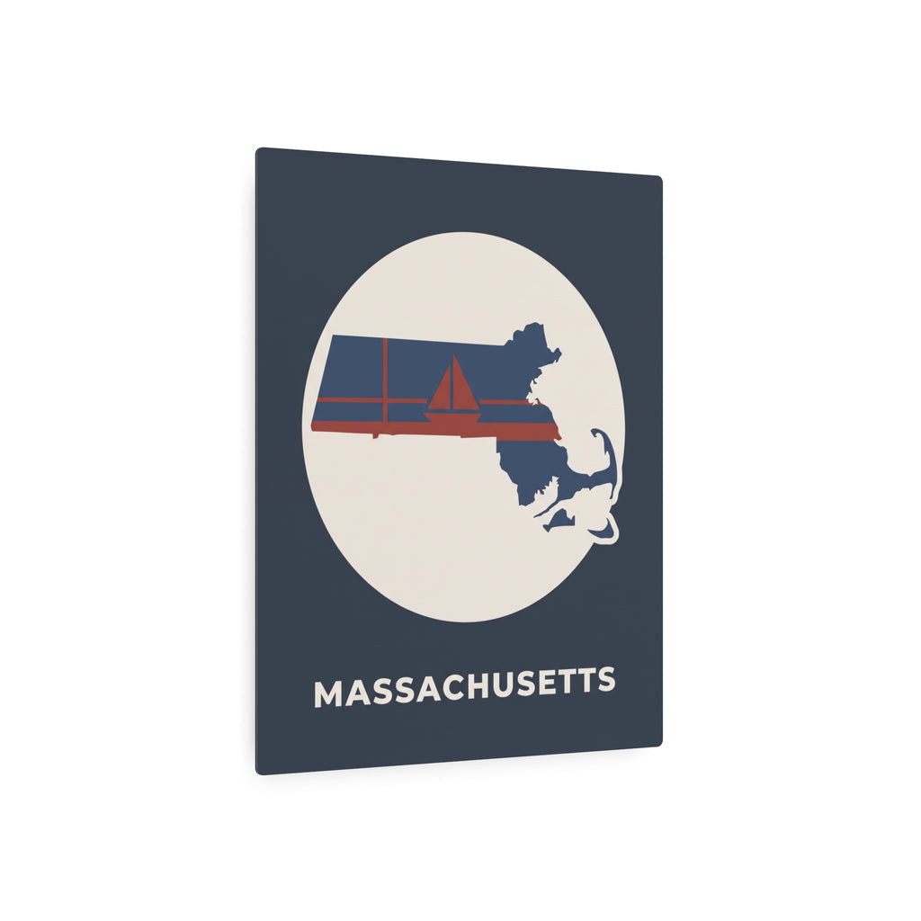 Metal state map art sign with circular Massachusetts silhouette, nautical stripes, and “MASSACHUSETTS”.
