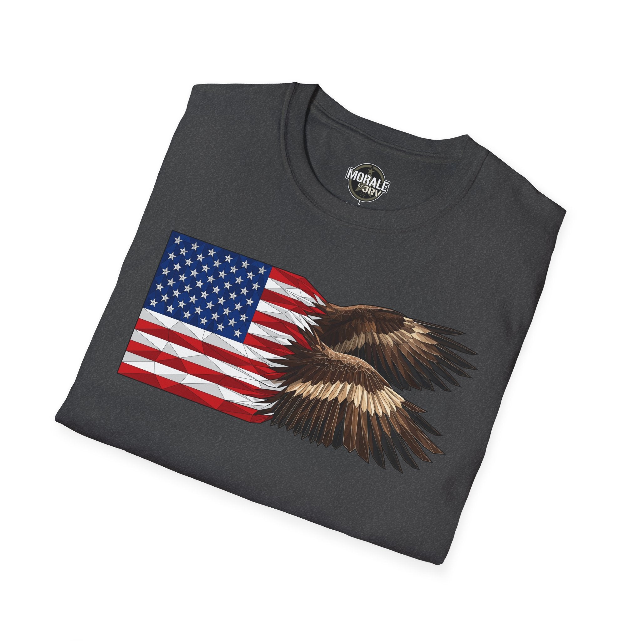 Dark heather T-shirt with American flag and bald eagle wings graphic