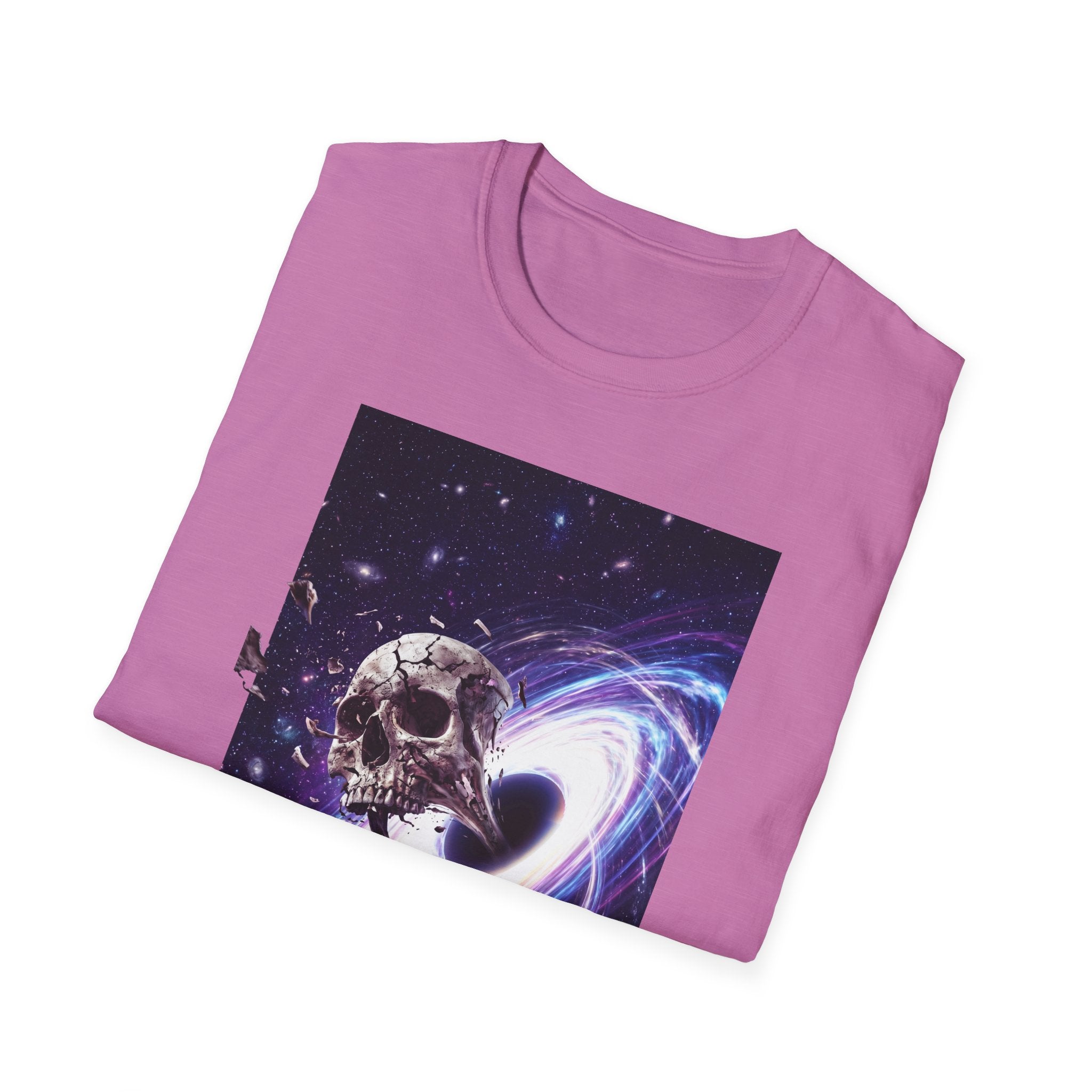 Cosmic skull galaxy T-shirt with skull and space spiral graphic on pink