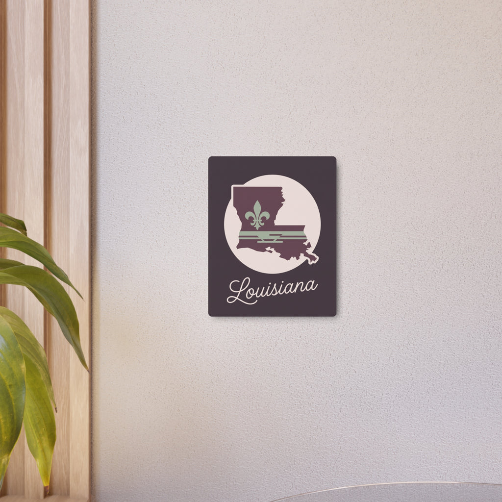 Louisiana metal wall art sign mounted on wall, plum background with sage fleur-de-lis