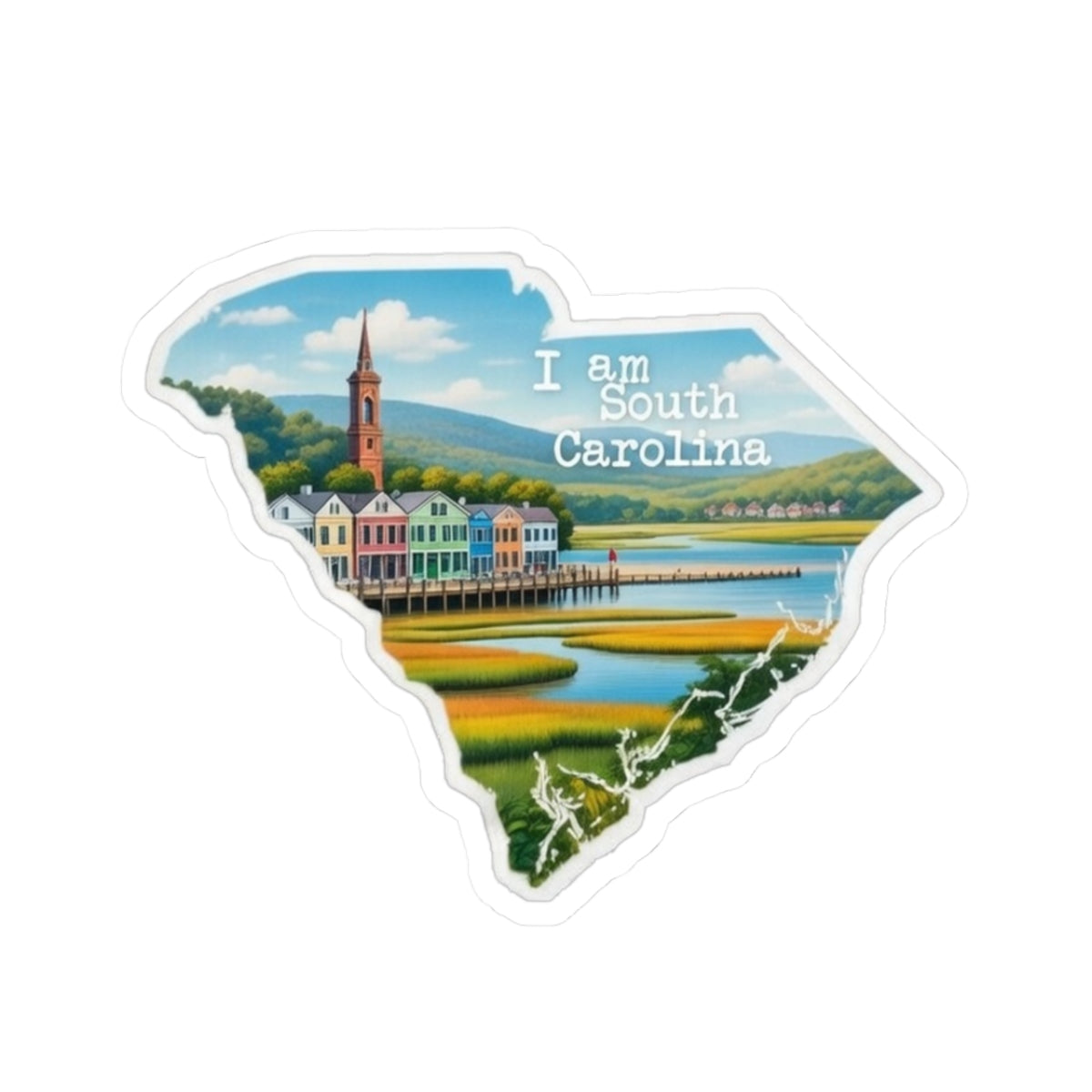 Pegatina con forma de Carolina del Sur, con texto “I am South Carolina” y paisaje