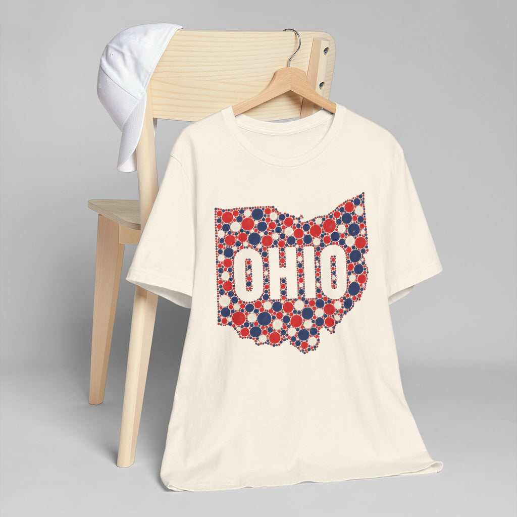 White crew-neck t-shirt with colorful Ohio graphic map front