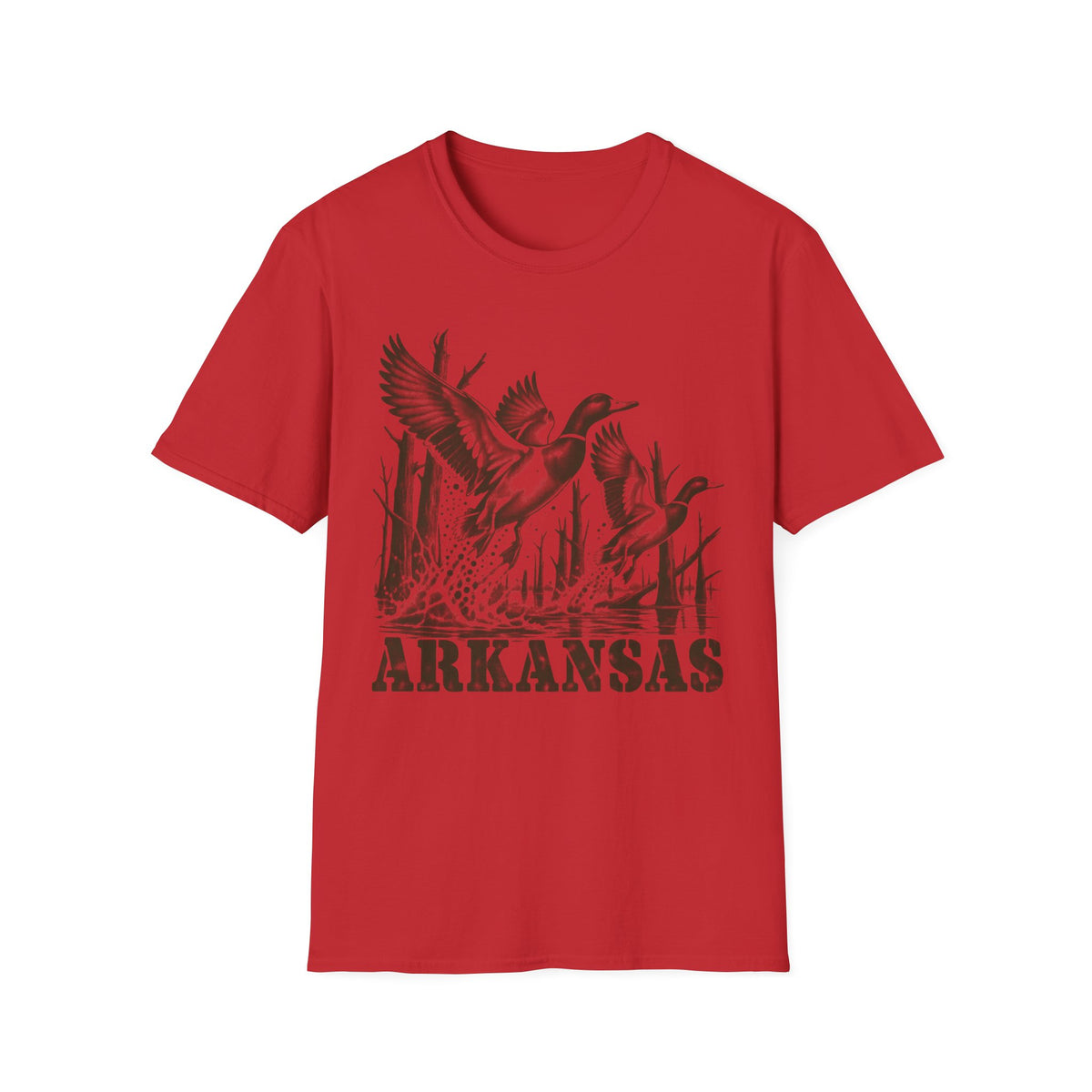 Red crewneck T-shirt with Arkansas duck graphic print on front