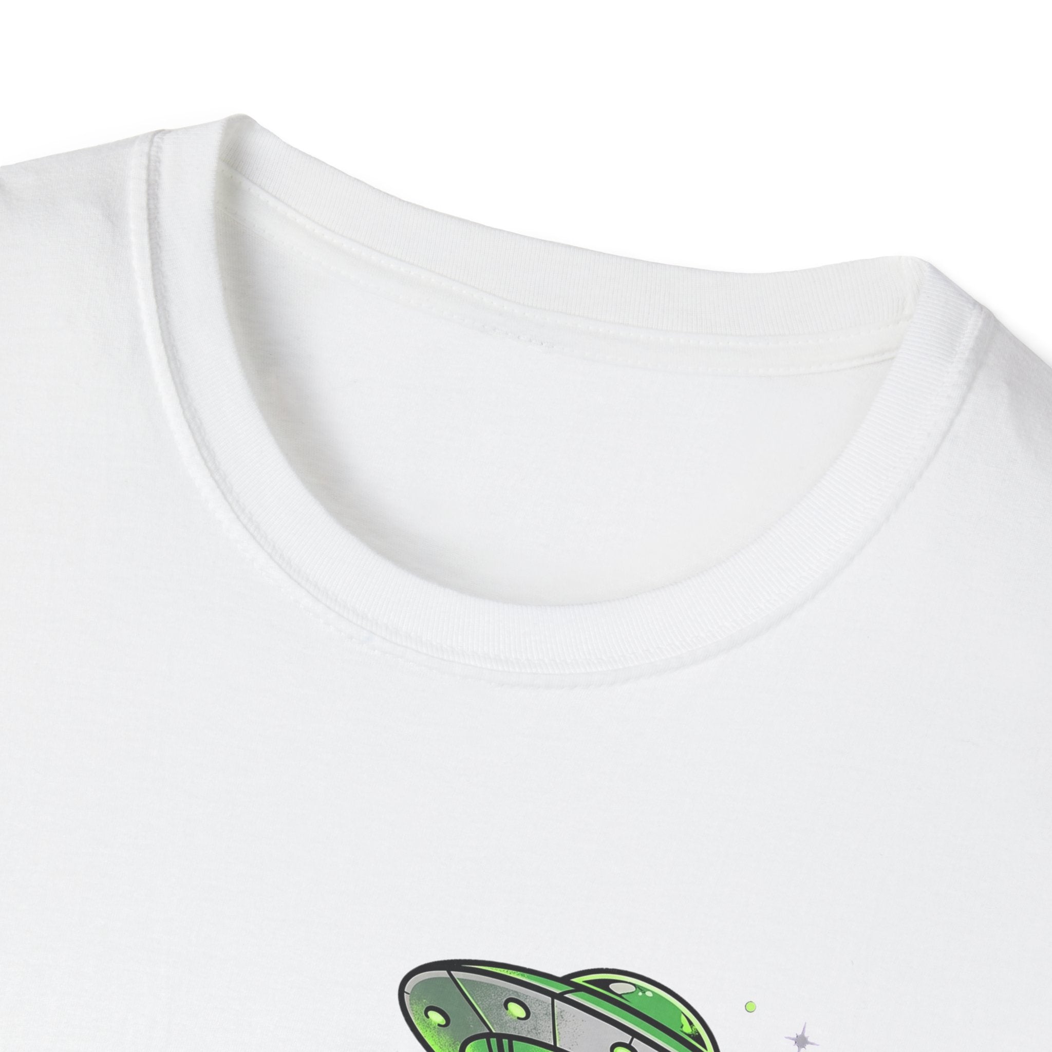 Alien & Skull T-Shirt, white crew neck, partial green UFO beam graphic at bottom