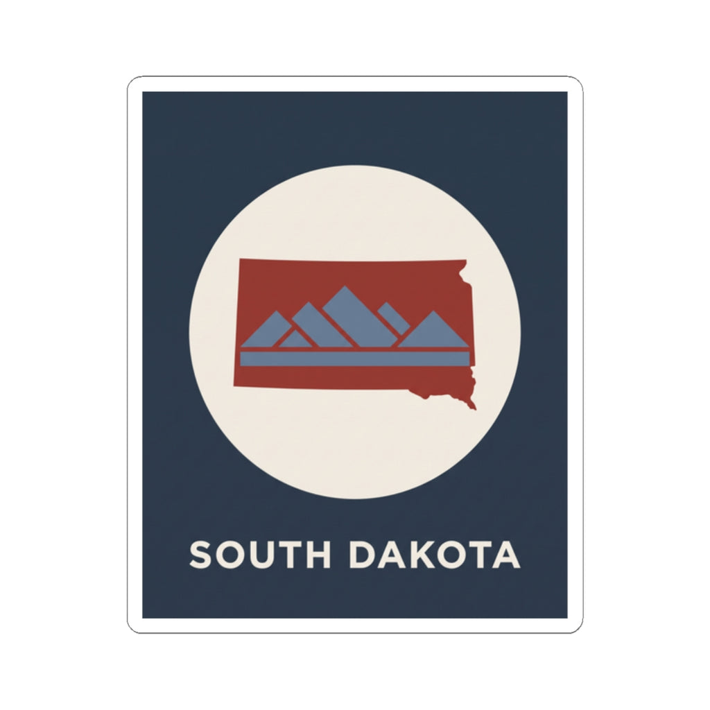 South Dakota map badge sticker with navy background, white circle, and red state plus blue mountains