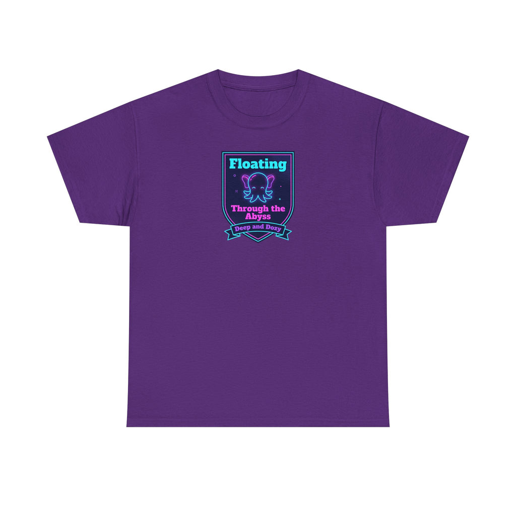Purple crewneck T-shirt with centered neon octopus graphic patch