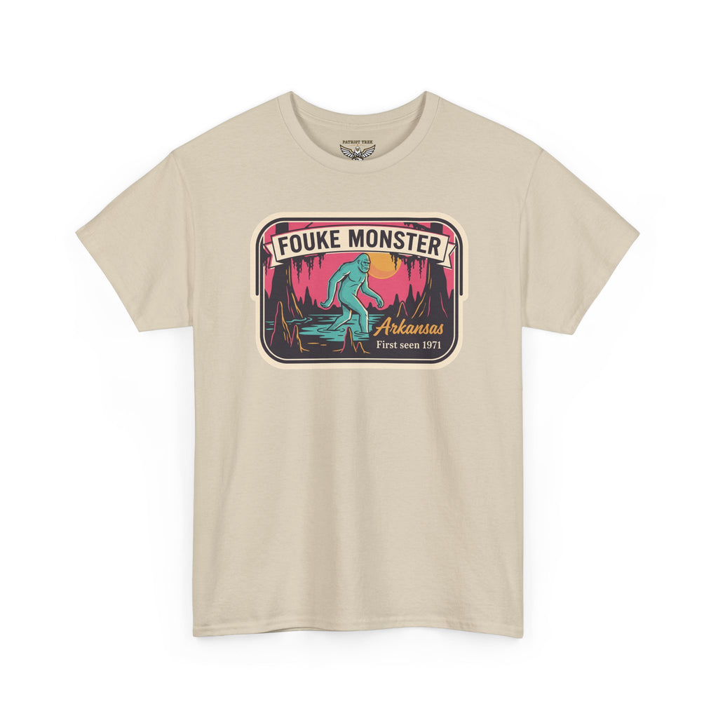 Sand t-shirt with rectangular Fouke Monster graphic patch and teal creature in red forest