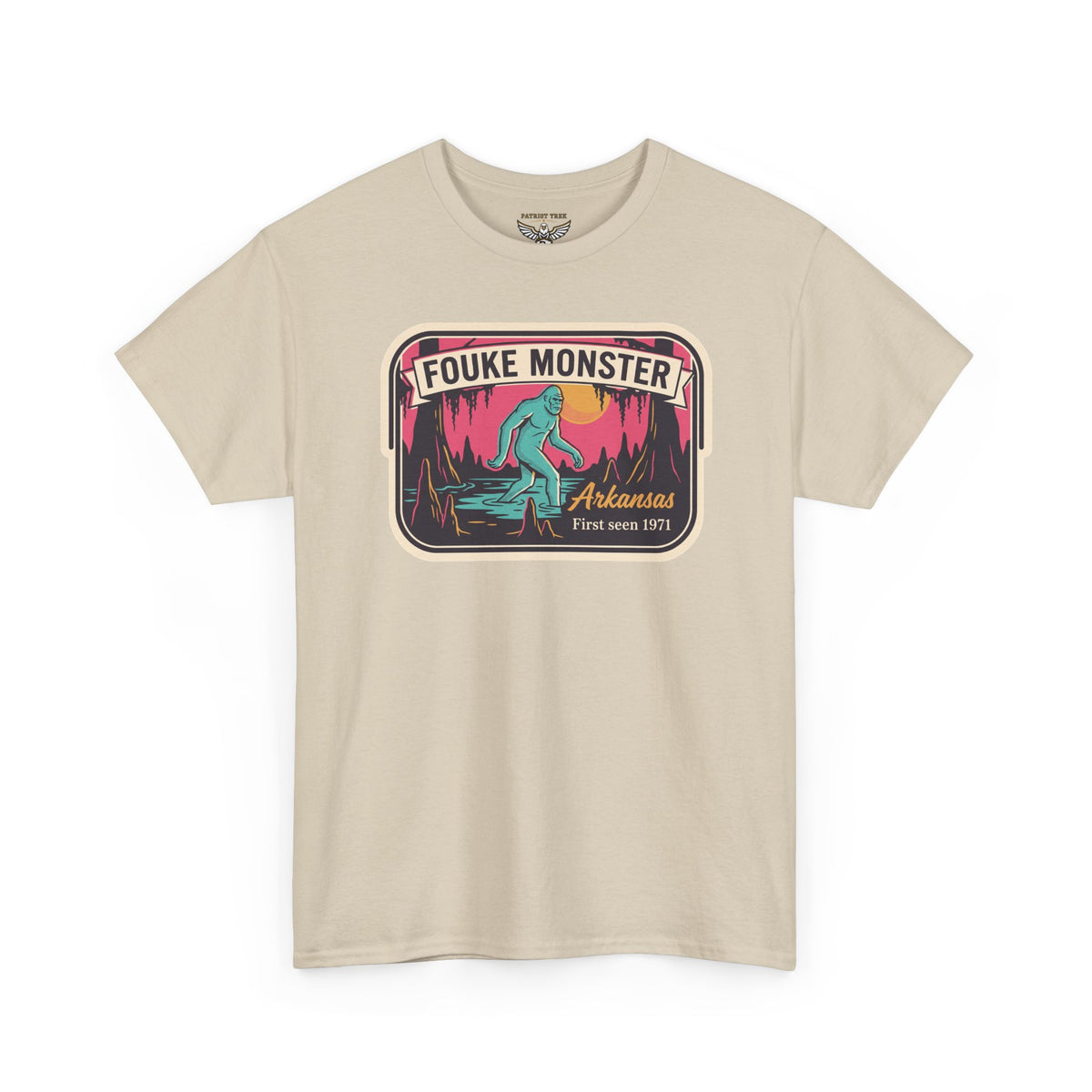 Sand t-shirt with rectangular Fouke Monster graphic patch and teal creature in red forest