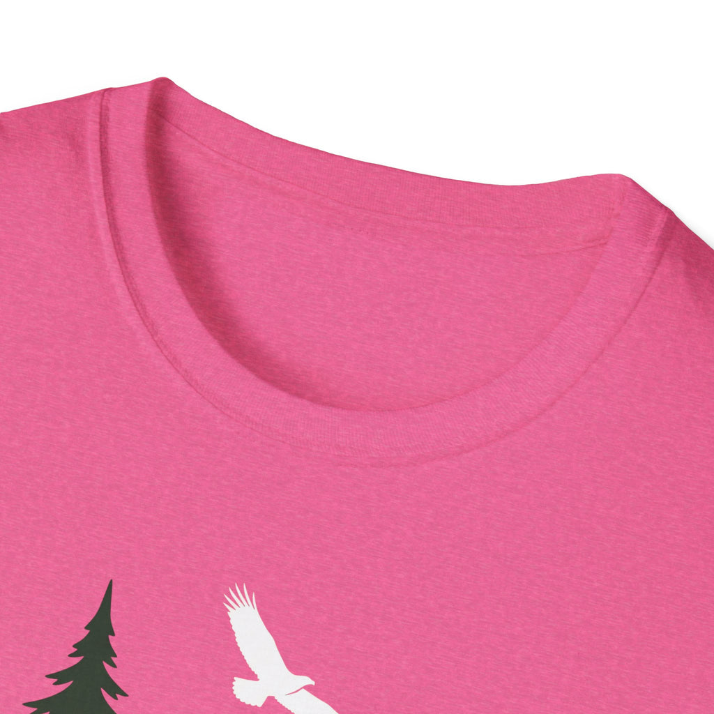 Fuchsia crew-neck T-shirt close-up; partial pine and bird graphic visible