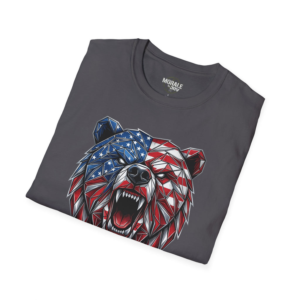 Charcoal T-shirt with geometric patriotic bear graphic across chest