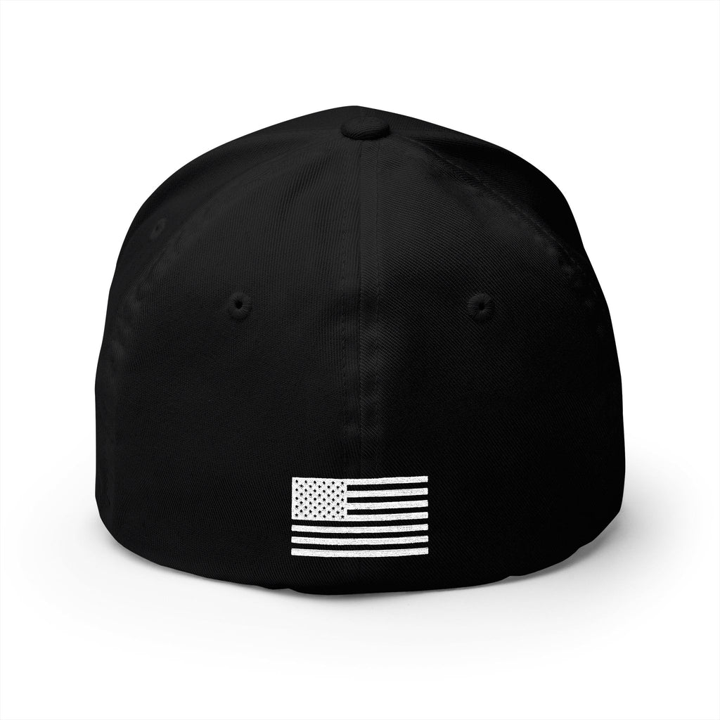 Black baseball cap with white USA-style striped emblem on front
