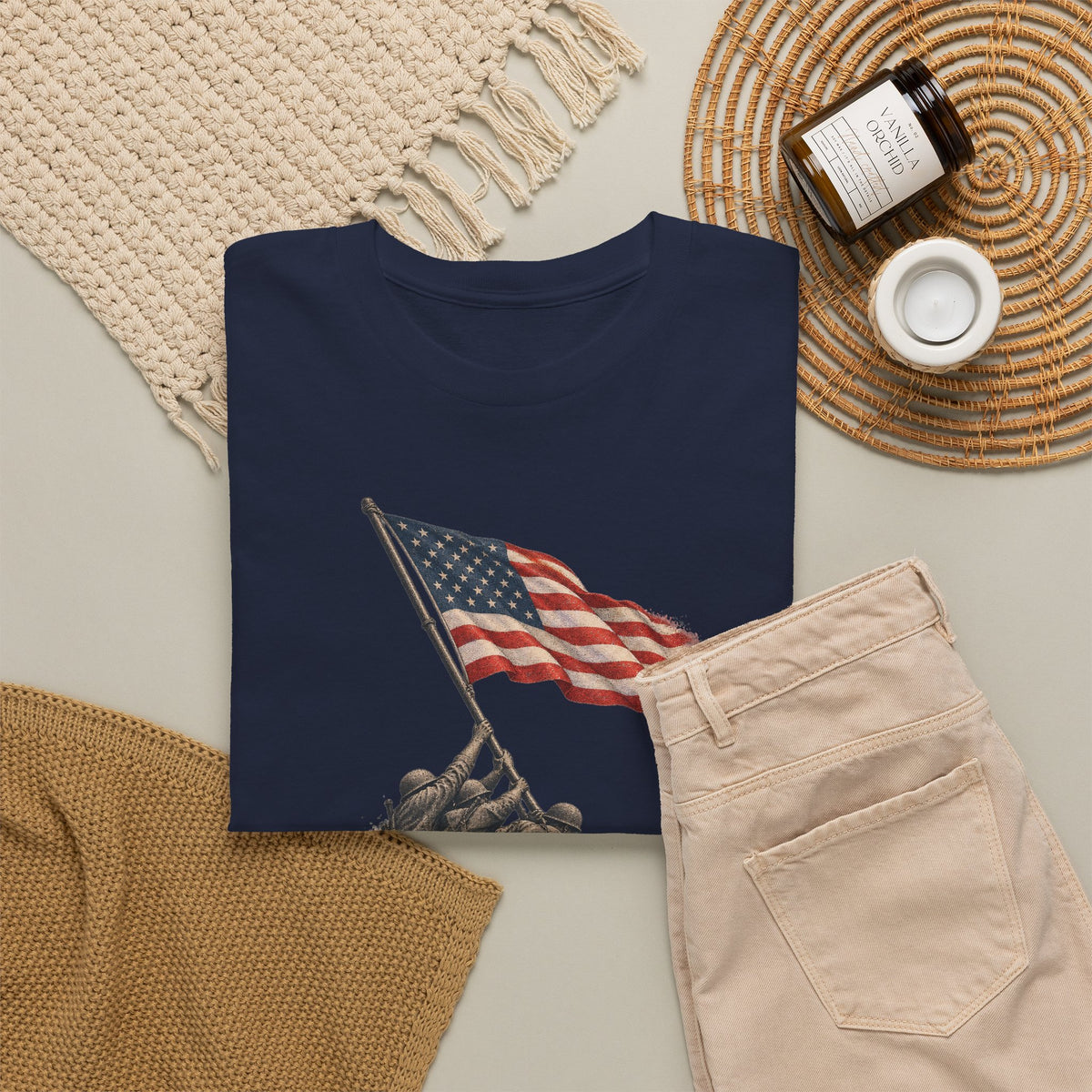 Navy blue T-shirt with U.S. flag on pole graphic in the center