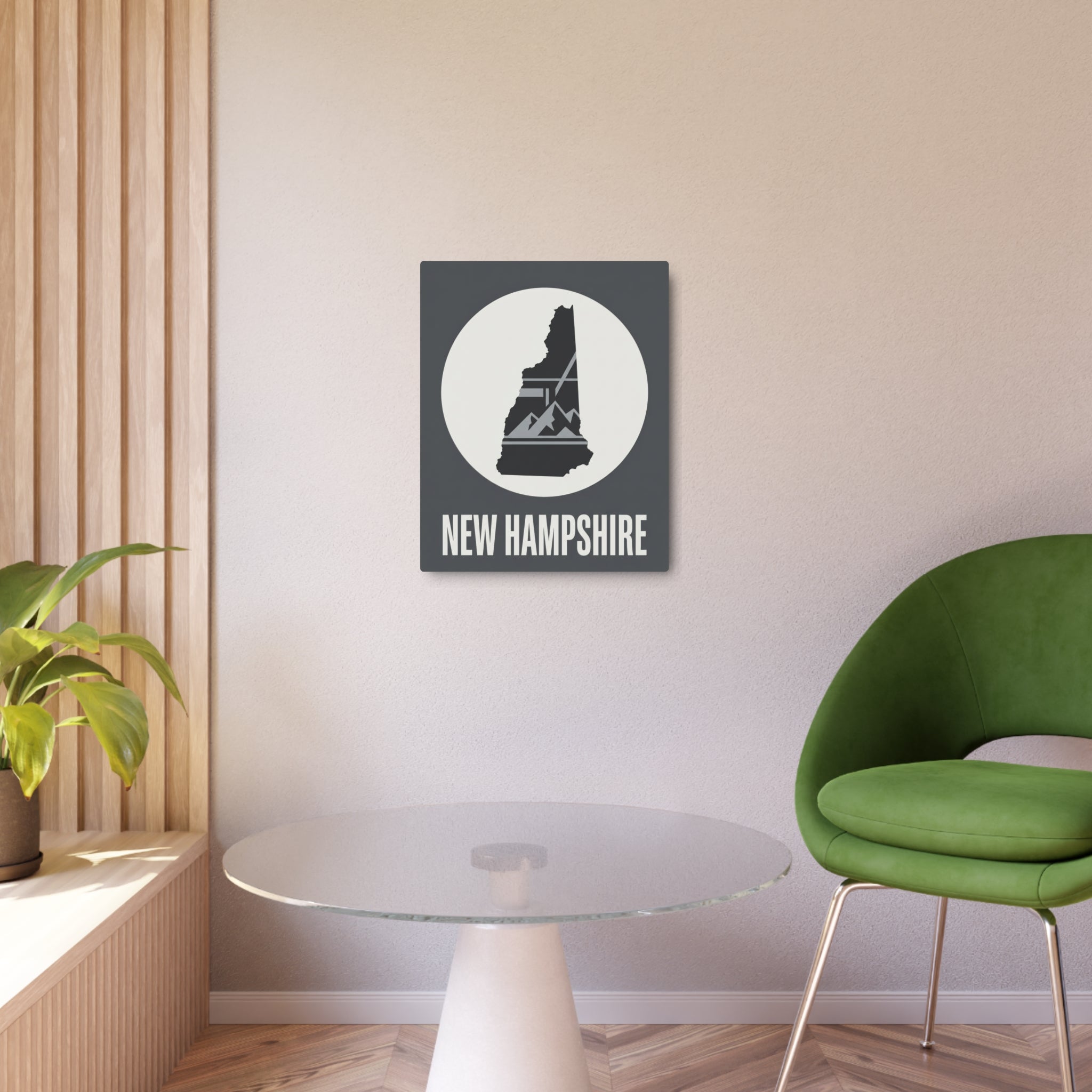 Metal wall art sign on wall with New Hampshire silhouette and bold "NEW HAMPSHIRE" text