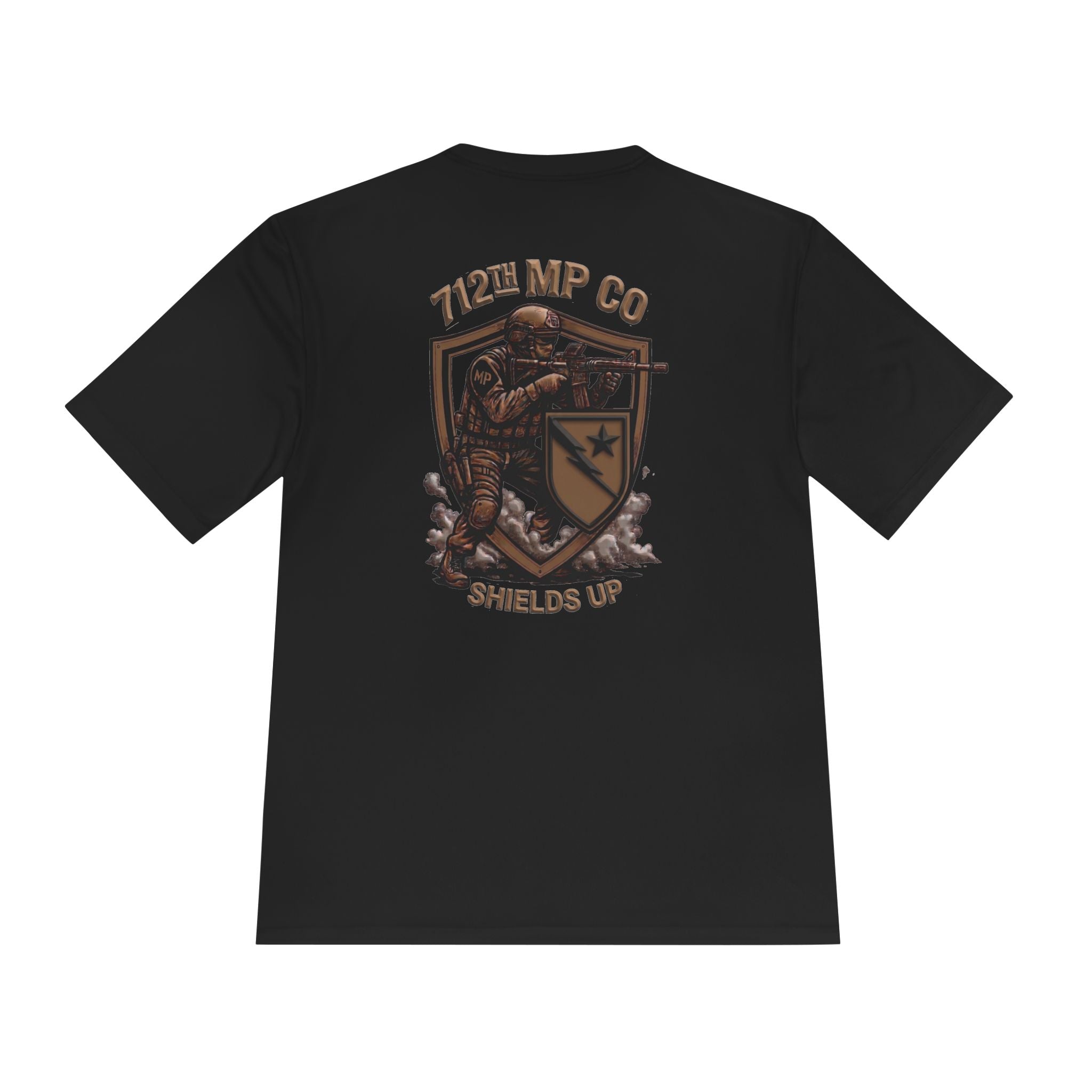 Black tactical T-shirt with back graphic 'Shields Up' logo