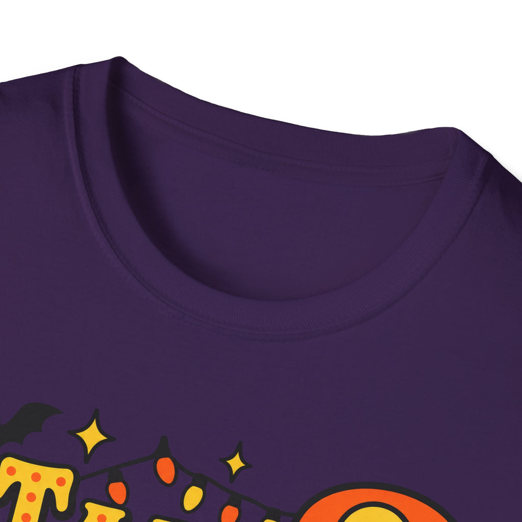 Purple crew-neck T-shirt with partial 'Talk Spooky' Halloween graphic detail.