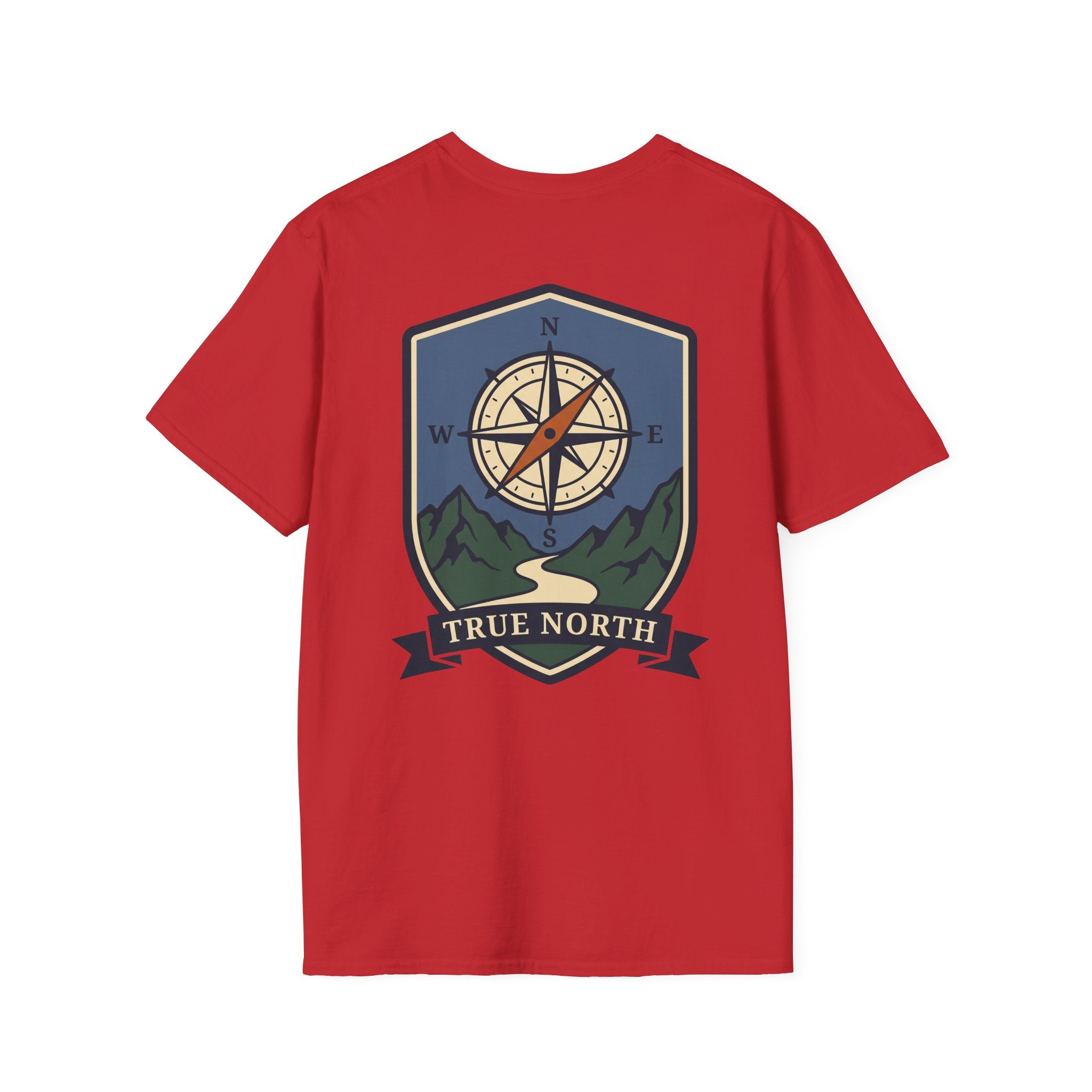 Red T-shirt with compass and mountain shield graphic, crew neck.