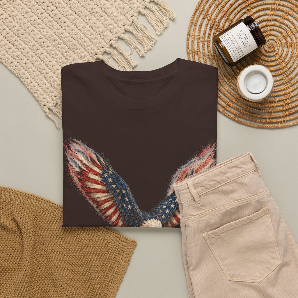 Dark brown T-shirt with distressed American flag eagle graphic on front