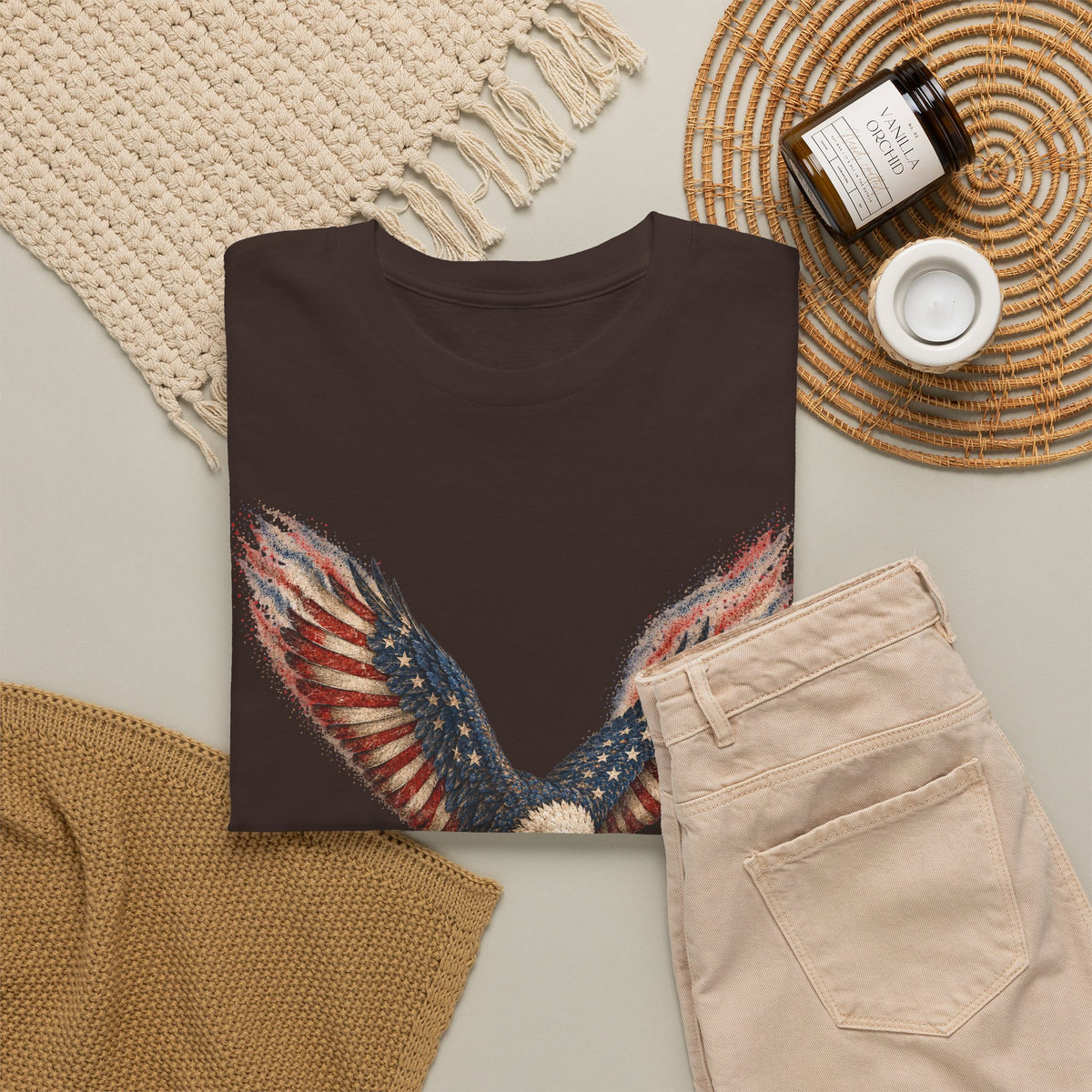 Dark brown T-shirt with distressed American flag eagle graphic on front